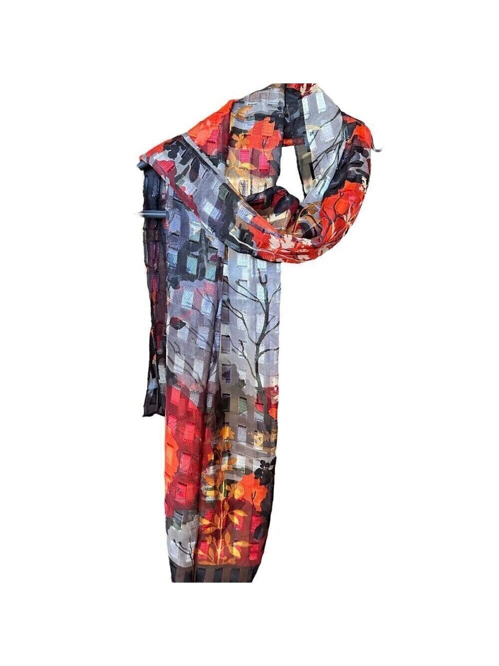 Womens Graphics Scarf Rectangle Sheer Metro Pagoda Print Chic Classic Black Red - Picture 2 of 10